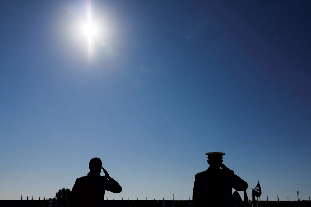 U.S. Defense Secretary Pete Hegseth and General Randy George, Chief of the staff of the U.S. Army salute during a ceremony honoring prisoners of war, at the Pentagon in Washington, D.C. U.S., September 19, 2025. REUTERS/Daniel Becerril