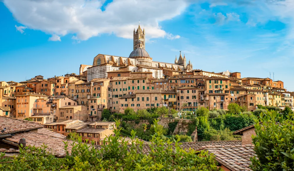 Blick auf die Altstadt von Siena in der Toskana im Sommer, in der Mitte ist der ber&uuml;hmte Dom zu sehen