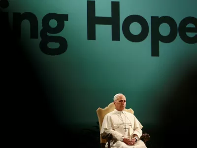 Pope Leo attends a three-day international conference "Raising Hope for Climate Justice" in Castel Gandolfo, near Rome, Italy, October 1, 2025. REUTERS/Yara Nardi