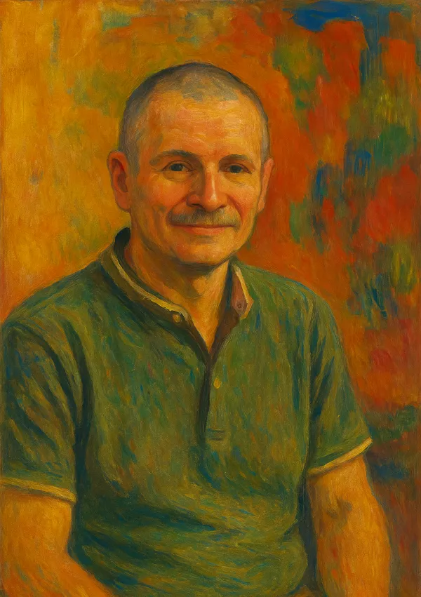 .. in na portretni sliki, ki je narejena z umetno inteligenco in je dobila ukaz, naj sliko, ki jo ima na spletni strani fakultete, predela v slogu Paula Gaugina.&nbsp; / Foto: Osebni Arhiv