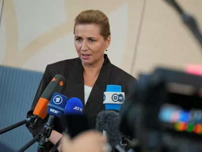 Denmark's Prime Minister Mette Frederiksen speaks to the mebers of the media on the day of the European Political Community summit in Copenhagen, Denmark, October 2, 2025. Thomas Traasdahl/Ritzau Scanpix/via REUTERS  ATTENTION EDITORS - THIS IMAGE WAS PROVIDED BY A THIRD PARCIAL OR EDITORIAL SALES IN DENMARK.TY. DENMARK OUT. NO COMMER