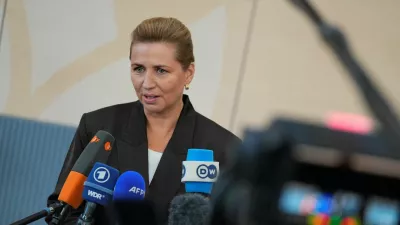 Denmark's Prime Minister Mette Frederiksen speaks to the mebers of the media on the day of the European Political Community summit in Copenhagen, Denmark, October 2, 2025. Thomas Traasdahl/Ritzau Scanpix/via REUTERS  ATTENTION EDITORS - THIS IMAGE WAS PROVIDED BY A THIRD PARCIAL OR EDITORIAL SALES IN DENMARK.TY. DENMARK OUT. NO COMMER