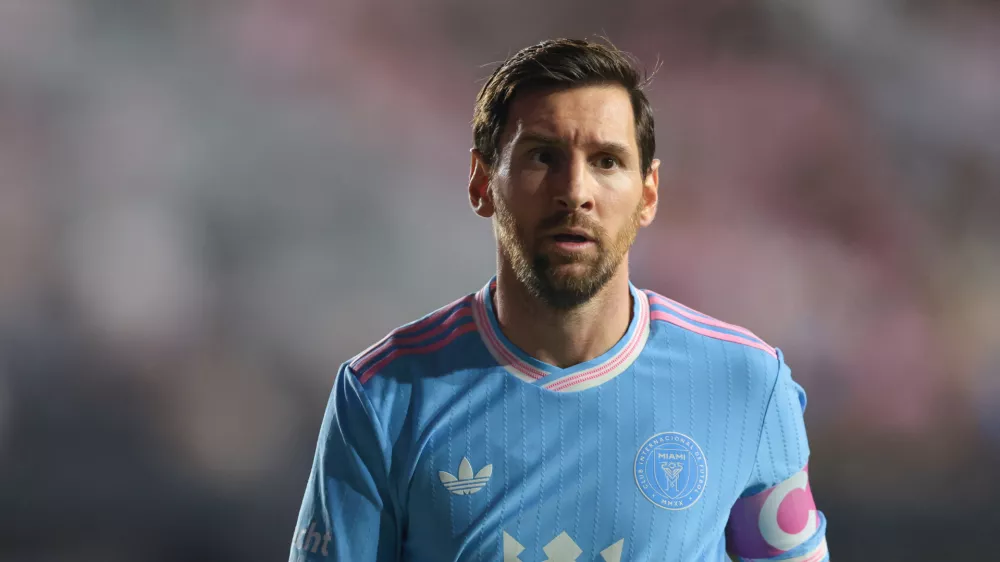 Oct 4, 2025; Fort Lauderdale, Florida, USA; Inter Miami CF forward Lionel Messi (10) looks on against the New England Revolution during the first half at Chase Stadium. Mandatory Credit: Sam Navarro-Imagn Images