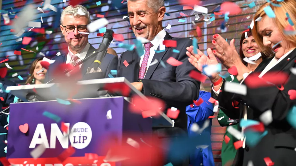 04 October 2025, Czech Republic, Prague: Leader of the political party ANO Andrej Babis speaks at his party headquarters after the announcement of the General elections results. The right-wing billionaire populist Andrej Babis wins parliamentary elections in the Czech Republic, as his ANO (Yes) party receives 36% of the vote with 90% of the vote counted, official data. Photo: Jakub Kotian/TASR/dpa