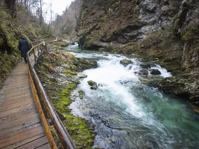 Gorje, soteska Vintgar.Blejski vintgar je 1,6 km dolga soteska na Gorenjskem, skozi katero tece reka Radovna.