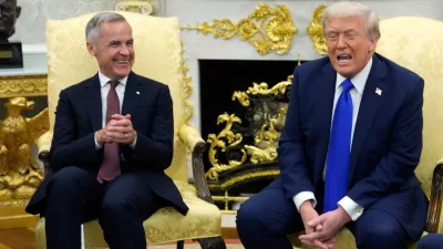 Canada Prime Minister Mark Carney and President Donald Trump hold a press conference at the White House in Washington, Tuesday, Oct. 7, 2025. (Adrian Wyld/The Canadian Press via AP)