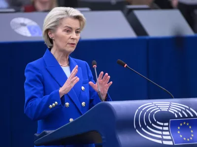 European Commission president Ursula von der Leyen delivers her statement on EU response to recent Russian violations of the EU Member States' airspace and critical infrastructure, Wednesday, Oct. 8, 2025 at the European Parliament in Strasbourg, eastern France. (AP Photo/Pascal Bastien)