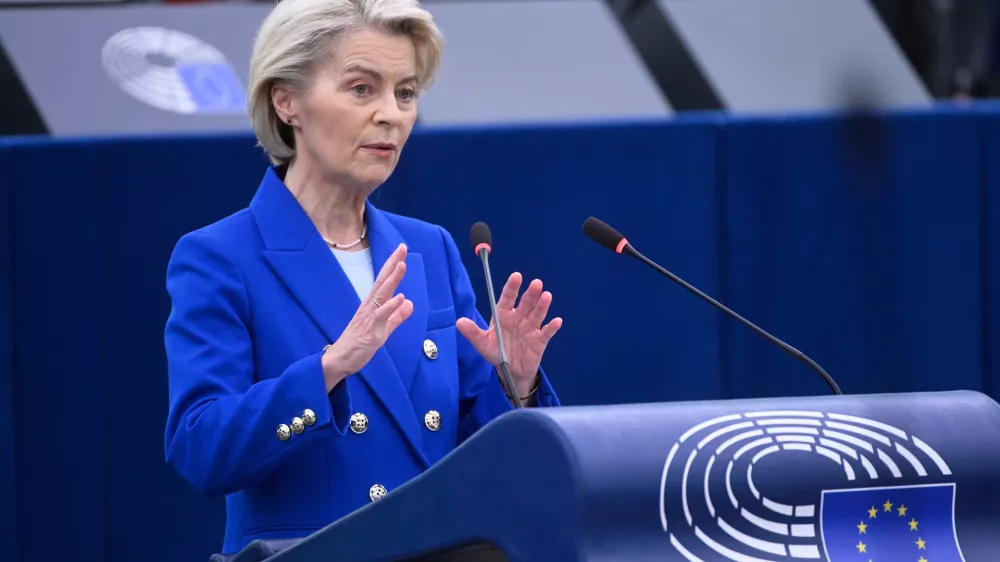 European Commission president Ursula von der Leyen delivers her statement on EU response to recent Russian violations of the EU Member States' airspace and critical infrastructure, Wednesday, Oct. 8, 2025 at the European Parliament in Strasbourg, eastern France. (AP Photo/Pascal Bastien)