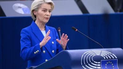 European Commission president Ursula von der Leyen delivers her statement on EU response to recent Russian violations of the EU Member States' airspace and critical infrastructure, Wednesday, Oct. 8, 2025 at the European Parliament in Strasbourg, eastern France. (AP Photo/Pascal Bastien)