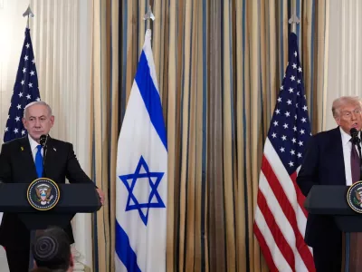 President Donald Trump speaks during a news conference with Israel's Prime Minister Benjamin Netanyahu in the State Dining Room of the White House, Monday, Sept. 29, 2025, in Washington. (AP Photo/Alex Brandon)