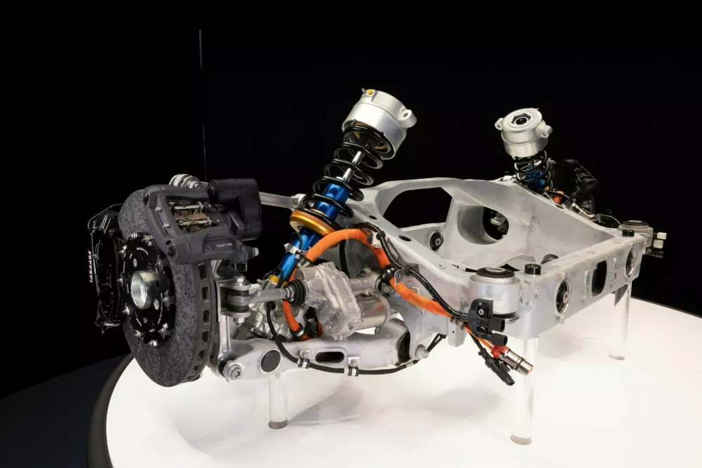 A view of the suspension and brake system as the new electric technology developed for Ferrari's first electric car, including chassis, battery modules and electric motor, is unveiled at the company's headquarters in Maranello, Italy, in this handout image released on October 8, 2025. Ferrari/Handout via REUTERS THIS IMAGE HAS BEEN SUPPLIED BY A THIRD PARTY. NO RESALES. NO ARCHIVES.