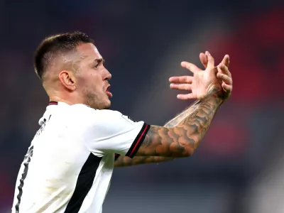 Soccer Football - FIFA World Cup - UEFA Qualifiers - Group K - Serbia v Albania - Dubocica Stadium, Leskovac, Serbia - October 11, 2025 Albania's Rey Manaj celebrates scoring their first goal REUTERS/Florion Goga