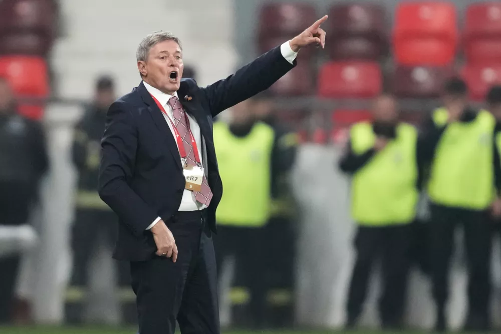 Serbia's head coach Dragan Stojkovic gestures during the World Cup Group K qualifying soccer match between Serbia and Albania, at the Dubocica Stadium in Leskovac, Serbia, Saturday, Oct. 11, 2025. (AP Photo/Darko Vojinovic)