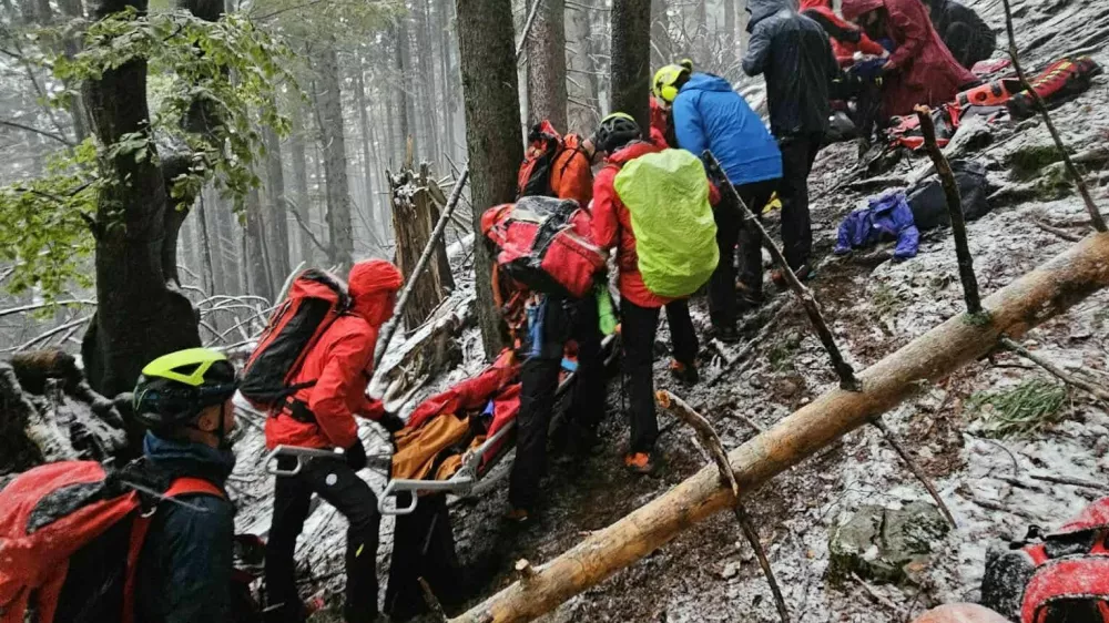 Radovlji&scaron;ki gorski re&scaron;evalci so pomagali pohodnici, na katero je padlo drevo. 