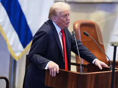 President Donald Trump speaks to the Knesset, Israel's parliament, Monday, Oct. 13, 2025, in Jerusalem. (AP Photo/Evan Vucci, Pool)