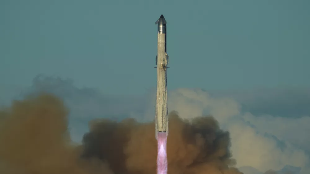 SpaceX's mega rocket Starship makes a test flight from Starbase, Texas, Monday, Oct. 13, 2025. (AP Photo/Eric Gay)