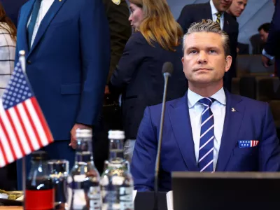 U.S. Secretary of Defense Pete Hegseth attends a North Atlantic Council meeting, as NATO Defence Ministers meet at the Alliance headquarters in Brussels, Belgium October 15, 2025. REUTERS/Yves Herman