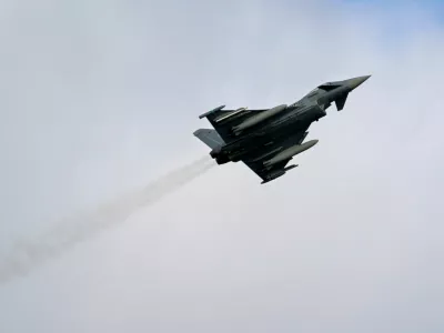 A Eurofighter jet flies during exercises of the German naval forces in Eckernfoerde, Germany, February 21, 2023. REUTERS/Fabian Bimmer