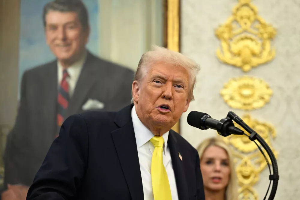 President Donald Trump speaks during an event in the Oval Office at the White House, Wednesday, Oct. 15, 2025, in Washington. (AP Photo/John McDonnell)