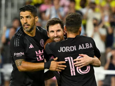 Oct 18, 2025; Nashville, Tennessee, USA; Inter Miami forward Lionel Messi (10) celebrates with his teammates after scoring a goal against Nashville SC during the second half at Geodis Park. Mandatory Credit: Steve Roberts-Imagn Images   TPX IMAGES OF THE DAY