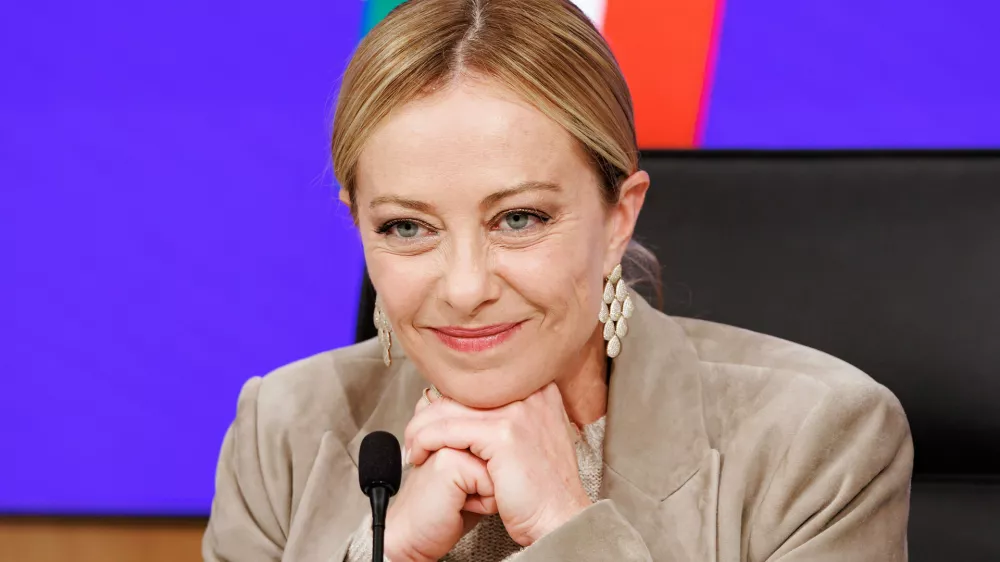 Italian Premier Giorgia Meloni meets journalists during a press conference following a Cabinet meeting on the budget law, in Rome, Friday, Oct. 17, 2025. (Roberto Monaldo/LaPresse via AP)