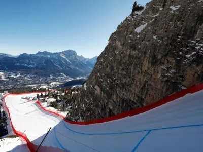 FILE - A view of the Tofane schuss venue for alpine ski competition at the Milan Cortina 2026 Winter Olympics is seen on Jan. 17, 2025, in Cortina d'Ampezzo, Italy. (AP Photo/Alessandro Trovati, File)