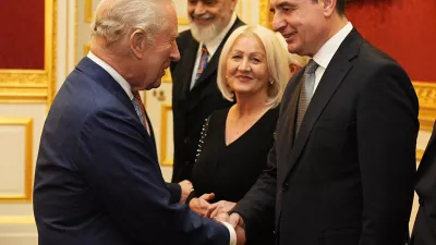 Britain's King Charles III greets the Prime Minister of the Republic of Kosovo Albin Kurti, during a reception for Western Balkans leaders at St James's Palace, London, Tuesday, Oct. 21, 2025, on the eve of the Western Balkans Leaders' Summit. (Aaron Chown/Pool Photo via AP)