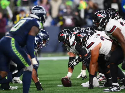Oct 20, 2025; Seattle, Washington, USA; The Houston Texans wait to snap the ball against the Seattle Seahawks during the fourth quarter at Lumen Field. Mandatory Credit: Steven Bisig-Imagn Images