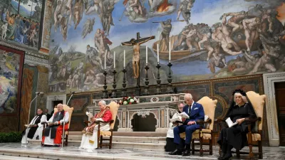 Pope Leo XIV leads an ecumenical prayer with Archbishop of York Stephen Cottrell as Britain's King Charles and Queen Camilla attend, in a historic first joint act of worship between an English monarch and a Pope in 500 years, in the Sistine Chapel, at the Vatican October 23, 2025. Vatican Media/Handout via REUTERS ATTENTION EDITORS &ndash; THIS IMAGE WAS PROVIDED BY A THIRD PARTY.