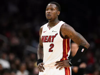 FILE - Miami Heat guard Terry Rozier (2) looks on during the second half of an NBA basketball game against the Washington Wizards, Sunday, March 31, 2024, in Washington. (AP Photo/Nick Wass, File)