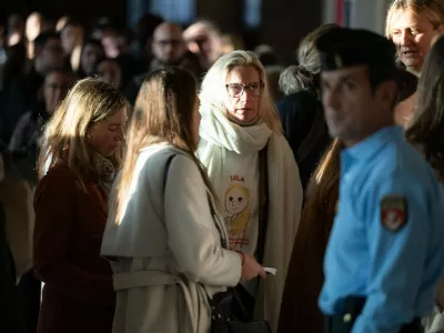 Delphine Daviet, mother of Lola, accompagnied by relatives, arrives at the Paris Assize Court for the trial of Dahbia Benkired, accused of raping, torturing, and killing Lola Daviet, a 12-year-old girl, in 2022, on October 17, 2025.,Image: 1046088007, License: Rights-managed, Restrictions:, Model Release: no
