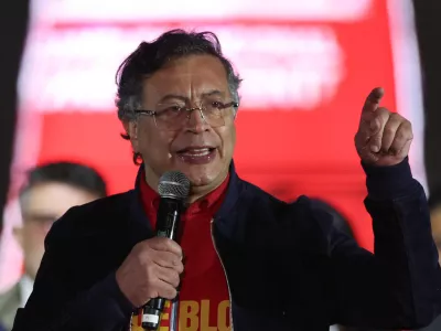 Colombian President Gustavo Petro speaks during a protest against U.S. President Donald Trump's recent comments accusing him of drug trafficking and a court ruling that overturned convictions against former President Alvaro Uribe, in Bogota, Colombia, October 24, 2025. REUTERS/Luisa Gonzalez