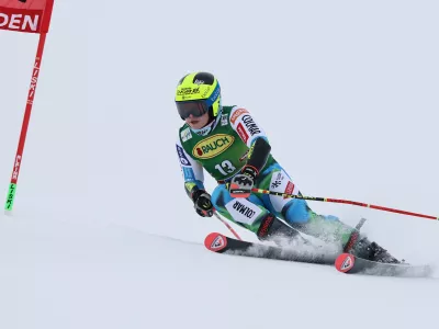 Slovenia's Neja Dvornik competes in an alpine ski, women's World Cup giant slalom, in Soelden, Austria, Saturday, Oct. 25, 2025. (AP Photo/Marco Trovati)
