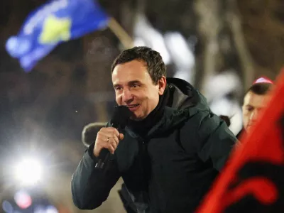 Kosovo's Prime Minister and leader of the ruling Vetevendosje party Albin Kurti addresses supporters as exit polls show the party is set to come first in the parliamentary election, in Pristina, Kosovo February 10, 2025. REUTERS/Florion Goga