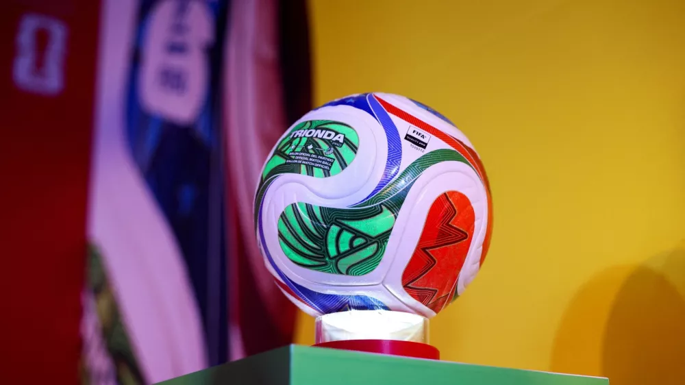 The official ball of the 2026 FIFA World Cup named "Trionda" is displayed during a presentation event in Mexico City, Mexico, October 3, 2025. REUTERS/Luis Cortes