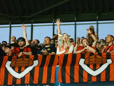 Broendby IF v Vikingur Reykjavik, UEFA Conference League qualification, Broendby, Denmark Broendby, Denmark. 14th, August 2025. Football fans of Vikingur Reykjavik seen on the stands at the UEFA Conference League qualification match between Broendby IF and Vikingur Reykjavik at Broendby Stadion in Broendby. Denmark, Brondby Copyright: xGonzalesxPhoto/DennisxJacobsenx,Image: 1029523331, License: Rights-managed, Restrictions: PUBLICATIONxNOTxINxDENxNORxFINxBEL, Model Release: no