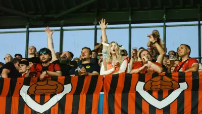 Broendby IF v Vikingur Reykjavik, UEFA Conference League qualification, Broendby, Denmark Broendby, Denmark. 14th, August 2025. Football fans of Vikingur Reykjavik seen on the stands at the UEFA Conference League qualification match between Broendby IF and Vikingur Reykjavik at Broendby Stadion in Broendby. Denmark, Brondby Copyright: xGonzalesxPhoto/DennisxJacobsenx,Image: 1029523331, License: Rights-managed, Restrictions: PUBLICATIONxNOTxINxDENxNORxFINxBEL, Model Release: no