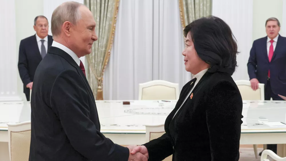 Russian President Vladimir Putin shakes hands with North Korean Foreign Minister Choe Son Hui during their meeting at the Kremlin in Moscow, Russia, Monday, Oct. 27, 2025. (Vyacheslav Prokofyev, Sputnik, Kremlin Pool Photo via AP)