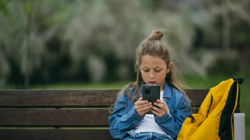 Beautiful little boy using smart phone in the park. / Foto: Jose Luis Carrascosa