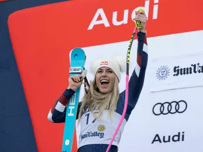 March 23, 2025, Sun Valley, Idaho, USA: US, Downhill skier LINDSEY VONN stands on the podium and celebrates as she wins a silver medal, at the women's Super-G event at the Audi FIS Ski World Cup in Sun Valley Idaho, USA, 2025.,Image: 979322112, License: Rights-managed, Restrictions:, Model Release: no