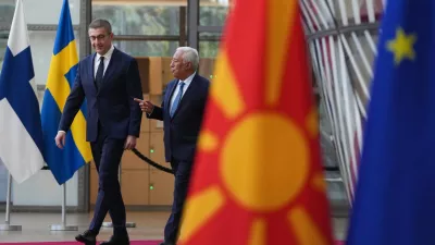 European Council President Antonio Costa, right, walks with North Macedonia's Prime Minister Hristijan Mickoski prior to a meeting at the European Council building in Brussels, Belgium, Tuesday, Nov. 4, 2025. (AP Photo/Virginia Mayo)