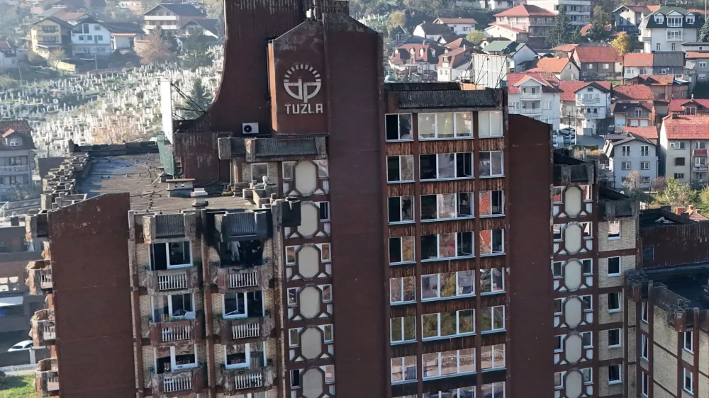 A drone view of the building of a home for the elderly, after a fire, in the town of Tuzla, Bosnia and Herzegovina, November 5, 2025. REUTERS/Amel Emric
