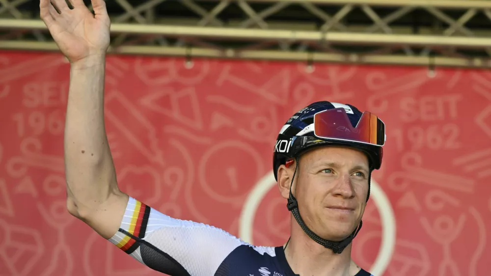 01 May 2025, Hesse, Eschborn: Cycling: UCI WorldTour - Eschborn-Frankfurt, (198.70 km), men. Pascal Ackermann from Germany from Team Israel-Premier Tech takes part in the rider presentation. Photo by: Arne Dedert/picture-alliance/dpa/AP Images