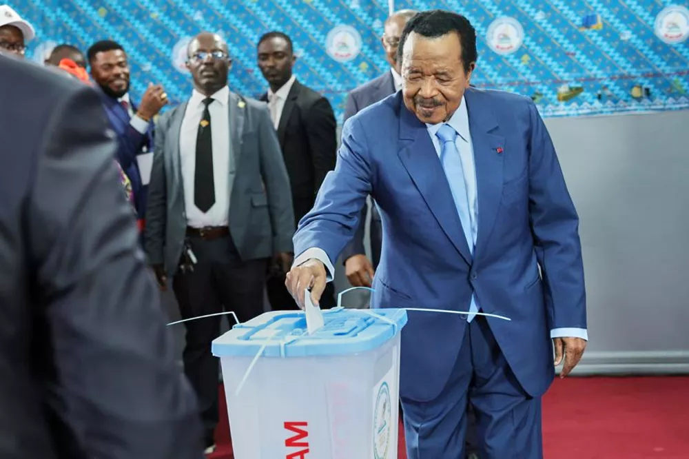 Cameroon's President Paul Biya casts his ballot at the Government Bilingual primary school Bastos in Yaounde, Cameroon, Saturday, Oct. 12, 2025 (AP Photo/Angel Ngwe, File)