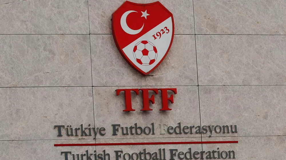 FILE PHOTO: FILE PHOTO: A logo of the Turkish Football Federation (TFF) is seen at the entrance of Riva Hasan Dogan national team training centre and education facilities in Istanbul, Turkey December 12, 2023. REUTERS/Dilara Senkaya/File Photo/File Photo