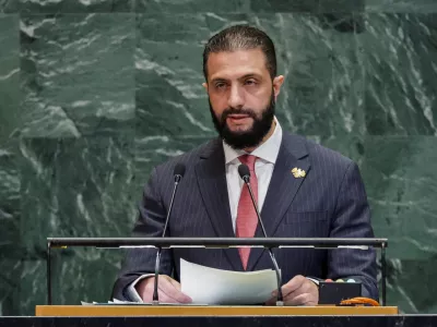 FILE PHOTO: Syrian President Ahmed al-Sharaa addresses the 80th United Nations General Assembly at the U.N. headquarters in New York, U.S., September 24, 2025. REUTERS/Jeenah Moon/File Photo
