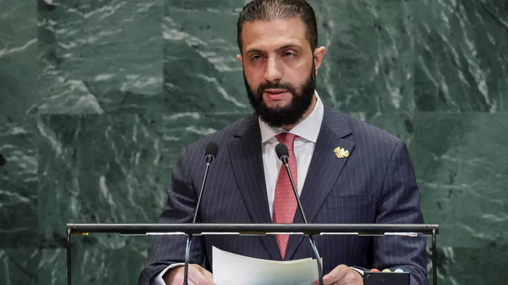 FILE PHOTO: Syrian President Ahmed al-Sharaa addresses the 80th United Nations General Assembly at the U.N. headquarters in New York, U.S., September 24, 2025. REUTERS/Jeenah Moon/File Photo
