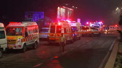 Ambulances are lined up at the scene after a car explosion near the historic Red Fort in New Delhi, India, Monday, Nov. 10, 2025. (AP Photo)
