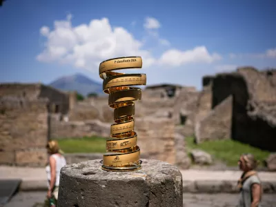 The Giro d'Italia trophy is displayed at the archaeological area of Pompeii, Italy, May 13, 2024. (Marco Alpozzi/LaPresse via AP)