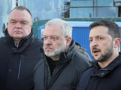 FILE PHOTO: Ukraine's President Volodymyr Zelenskiy, Ukrainian Energy Minister German Galushchenko and head of Ukraine's state nuclear power company Energoatom Petro Kotin visit the Khmelnytskyi Nuclear Power Plant, amid Russia's attack on Ukraine, near the town of Netishyn, in Khmelnytskyi region, Ukraine February 13, 2025. REUTERS/Gleb Garanich/File Photo